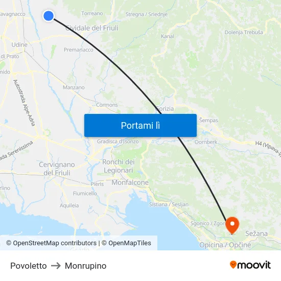 Povoletto to Monrupino map