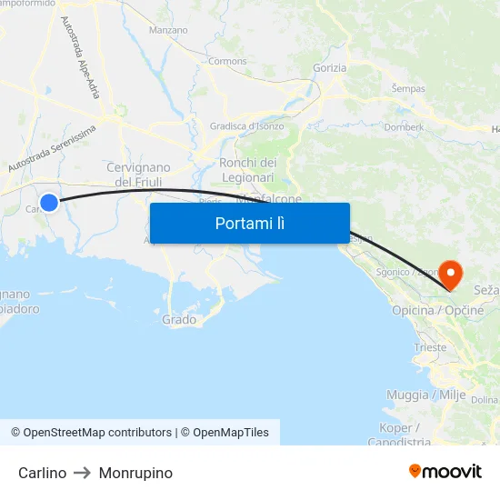 Carlino to Monrupino map