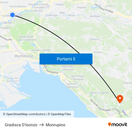 Gradisca D'Isonzo to Monrupino map