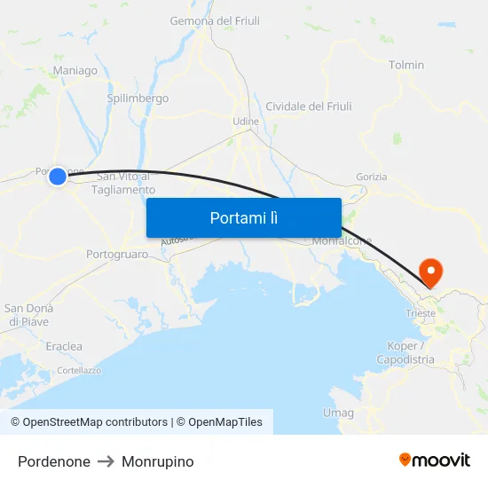 Pordenone to Monrupino map