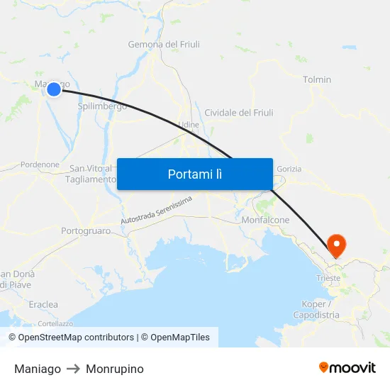 Maniago to Monrupino map