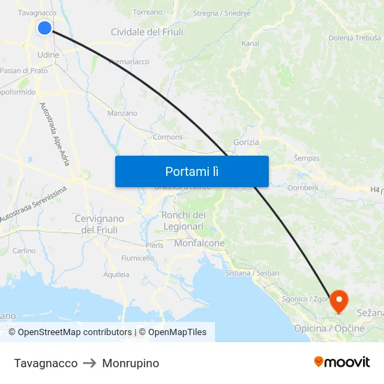 Tavagnacco to Monrupino map