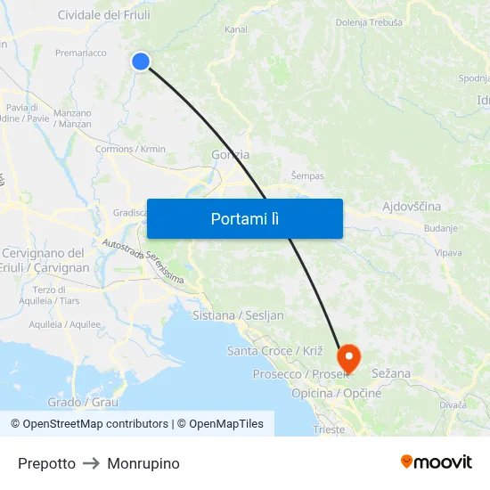 Prepotto to Monrupino map