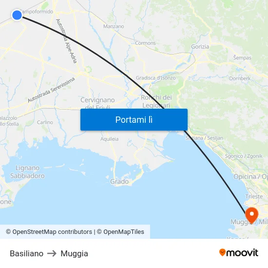 Basiliano to Muggia map