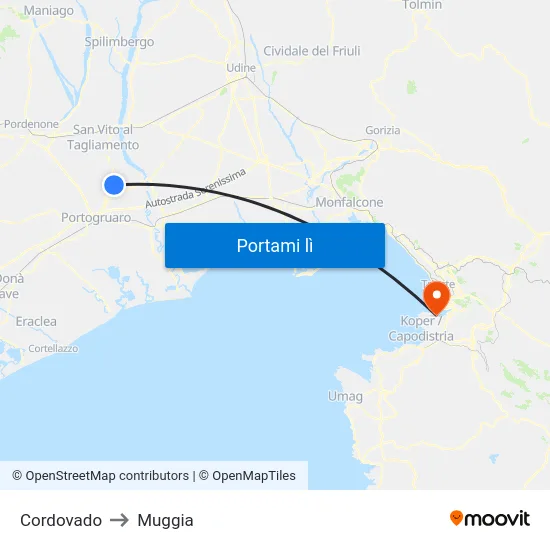 Cordovado to Muggia map