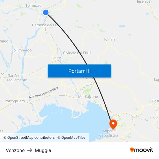 Venzone to Muggia map