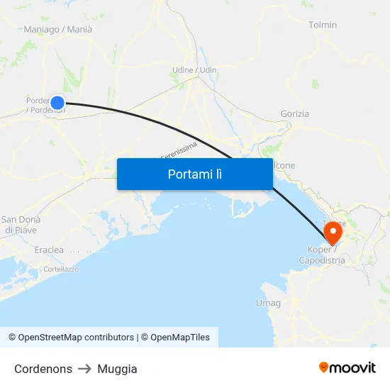 Cordenons to Muggia map