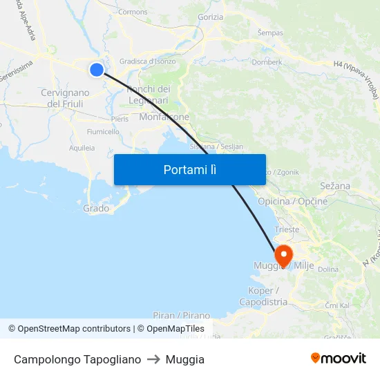 Campolongo Tapogliano to Muggia map
