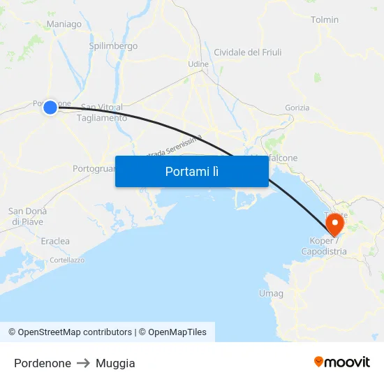 Pordenone to Muggia map