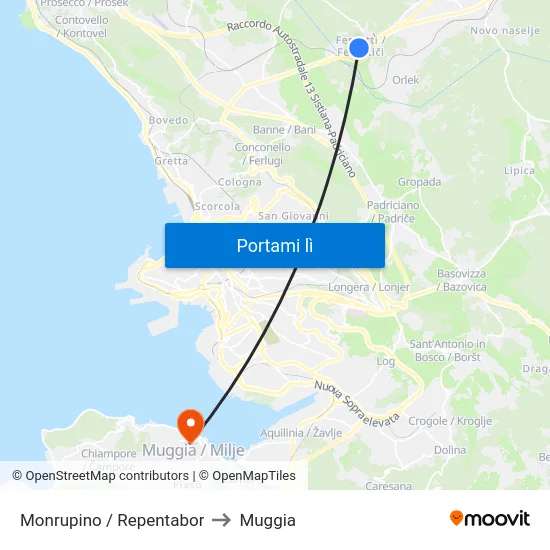 Monrupino / Repentabor to Muggia map
