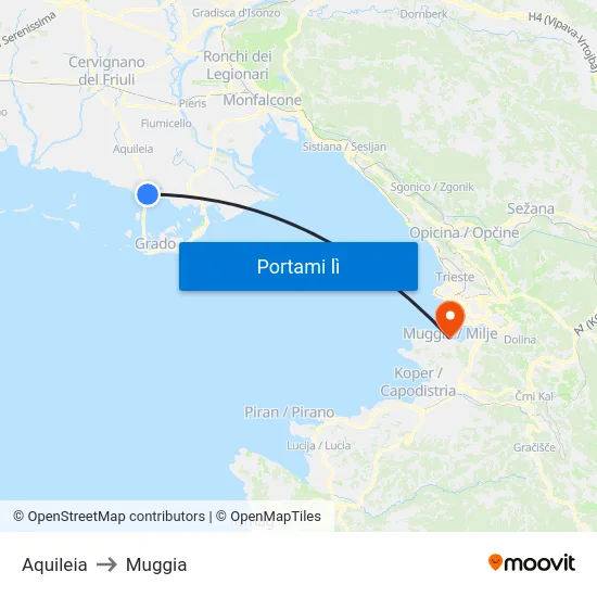 Aquileia to Muggia map