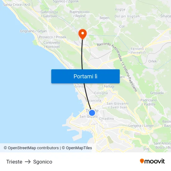 Trieste to Sgonico map