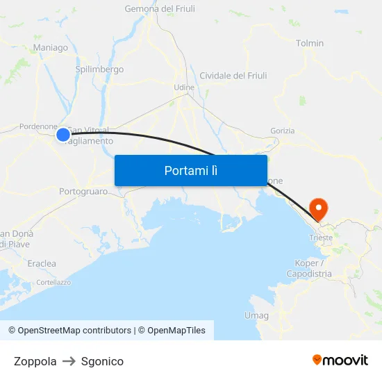 Zoppola to Sgonico map