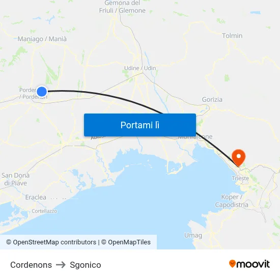 Cordenons to Sgonico map