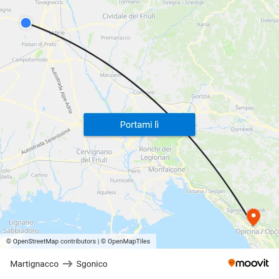 Martignacco to Sgonico map