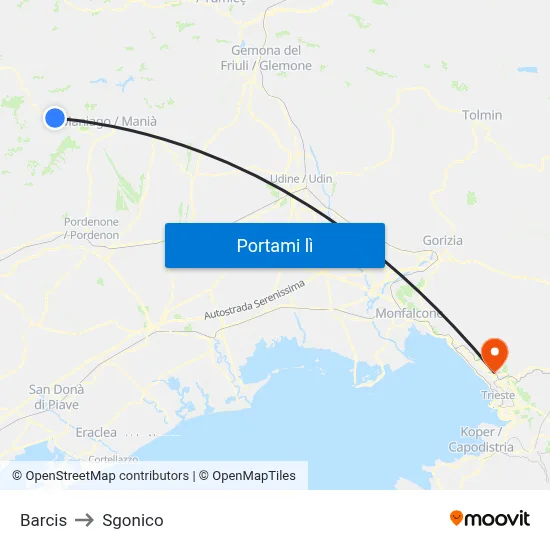 Barcis to Sgonico map