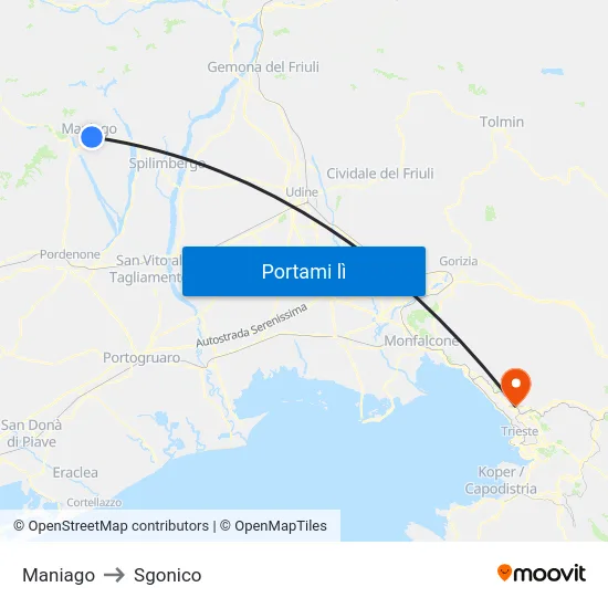 Maniago to Sgonico map