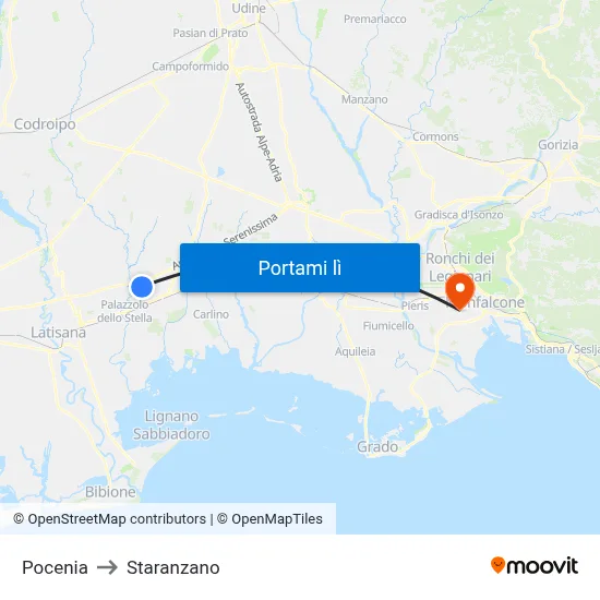 Pocenia to Staranzano map