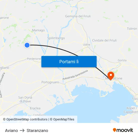 Aviano to Staranzano map