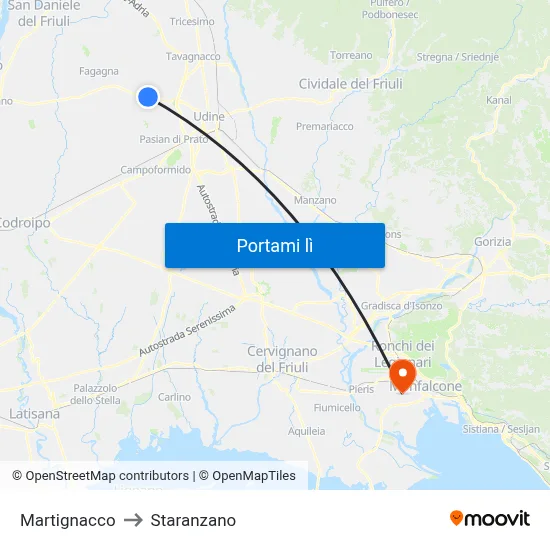 Martignacco to Staranzano map