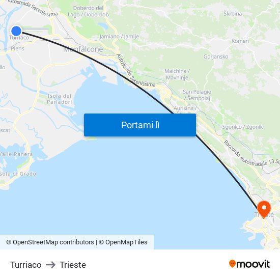 Turriaco to Trieste map