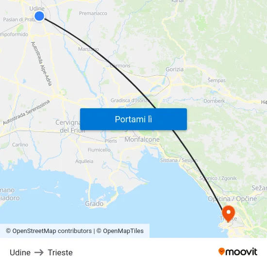 Udine to Trieste map
