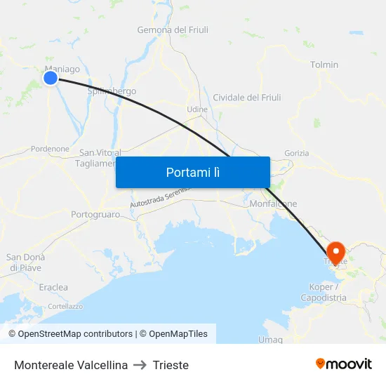 Montereale Valcellina to Trieste map