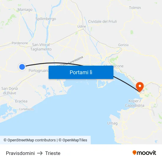 Pravisdomini to Trieste map