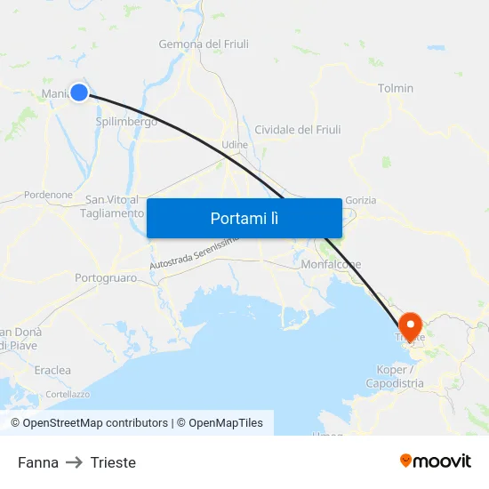 Fanna to Trieste map