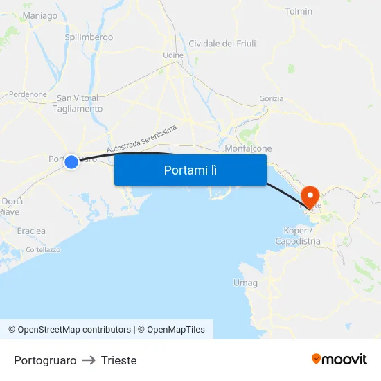 Portogruaro to Trieste map