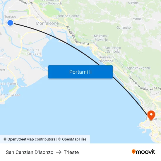 San Canzian D'Isonzo to Trieste map