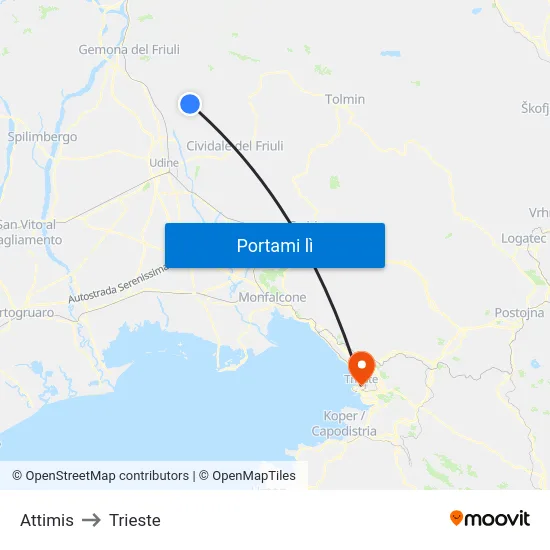 Attimis to Trieste map