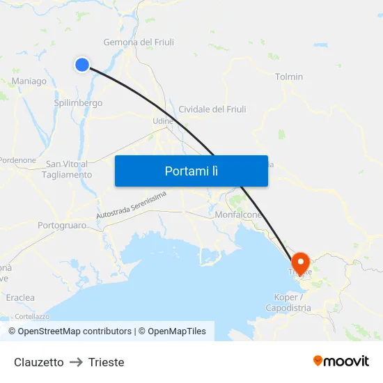 Clauzetto to Trieste map