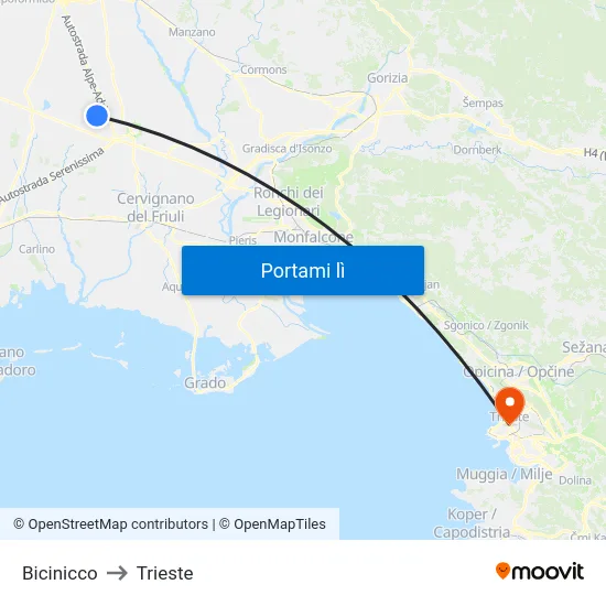 Bicinicco to Trieste map