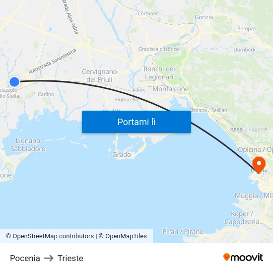 Pocenia to Trieste map