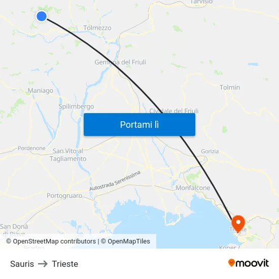 Sauris to Trieste map