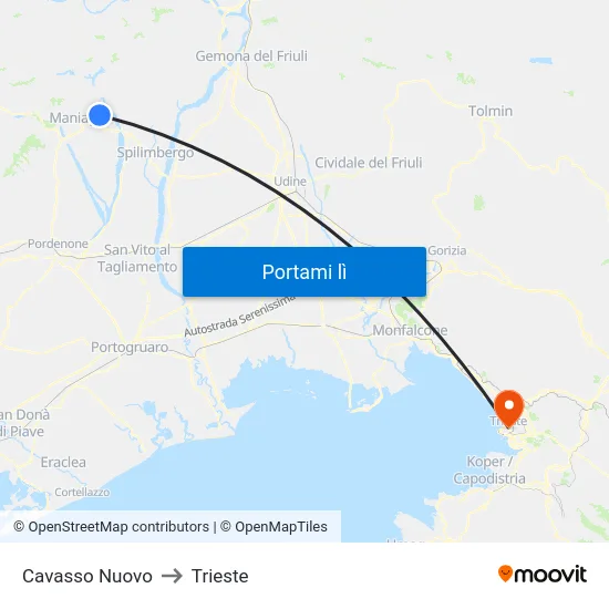 Cavasso Nuovo to Trieste map