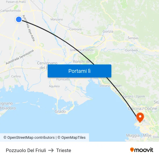 Pozzuolo Del Friuli to Trieste map