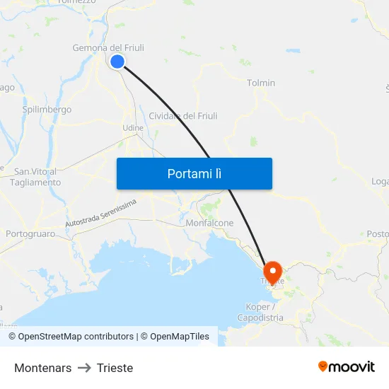 Montenars to Trieste map