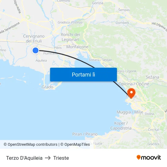 Terzo D'Aquileia to Trieste map