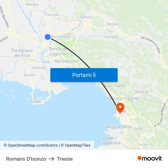 Romans D'Isonzo to Trieste map