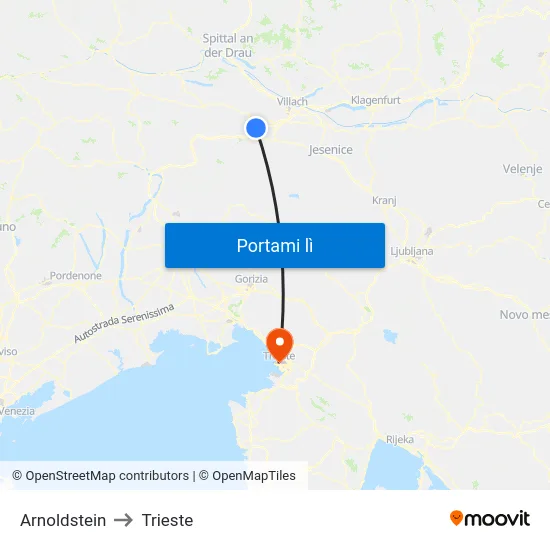 Arnoldstein to Trieste map
