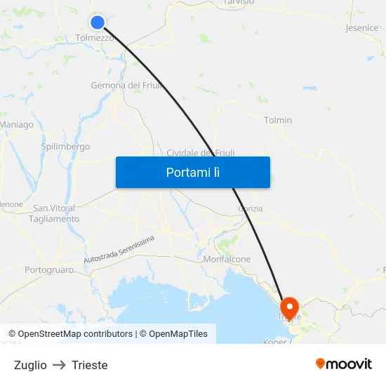 Zuglio to Trieste map