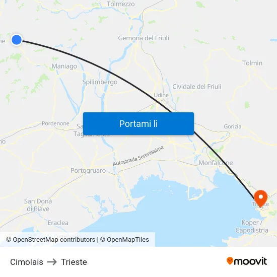 Cimolais to Trieste map