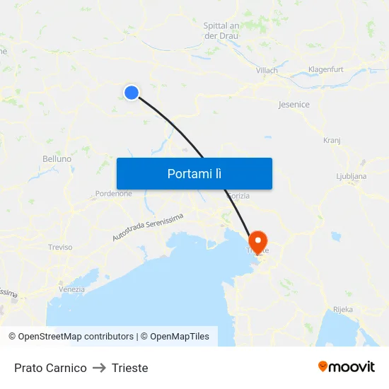 Prato Carnico to Trieste map