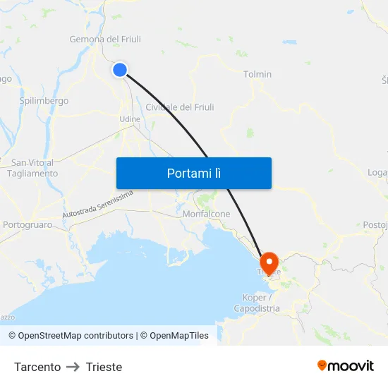 Tarcento to Trieste map