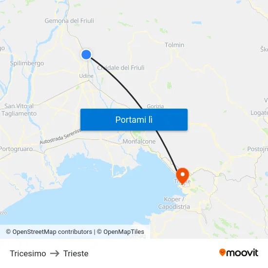 Tricesimo to Trieste map