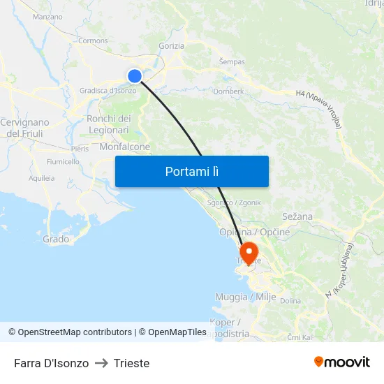 Farra D'Isonzo to Trieste map