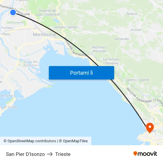 San Pier D'Isonzo to Trieste map