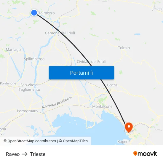 Raveo to Trieste map